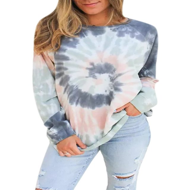 T-shirts à Manches Longues Décontractés pour Femmes et Chemisiers à Col Rond à Taille Tie Dye Sweatshirts