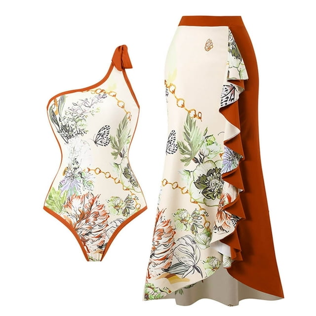 Maillot de Bain une Pièce pour Femmes avec Jupe Bikini Maxi, Ensemble Tankini à Imprimé Floral