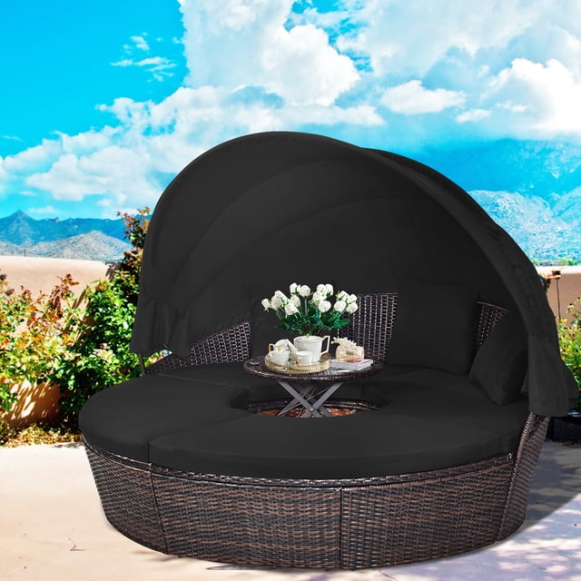 Gymax Lit de Jour Rond en Rotin pour Patio avec Coussins et Table Réglable, Noir