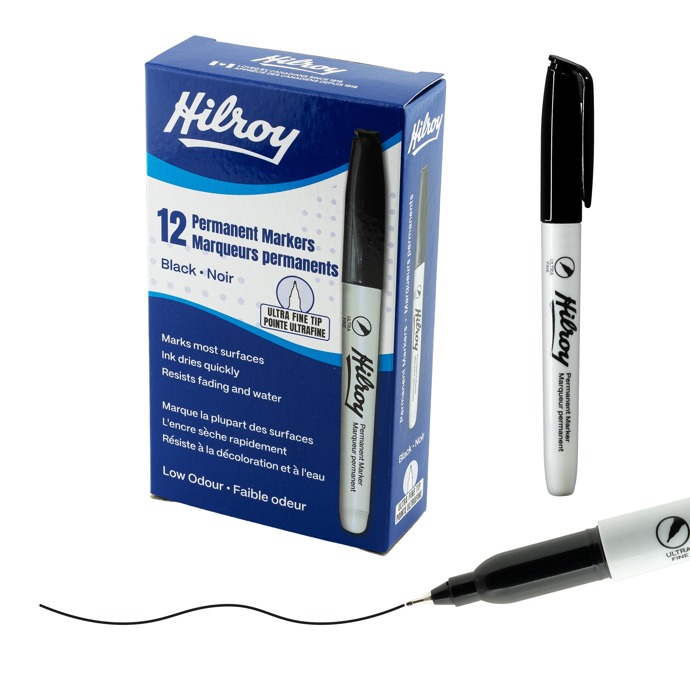 Hilroy Permanent Markers, Permanent Marker, Low Odour Ink, Ultra Fine Point, Black, 12 Pack
