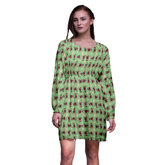 Bimba Robe Midi à Boutons à Feuilles Vertes et Roses Florales pour Femme Tunique à Manches Longues Haut Smocké-Petit