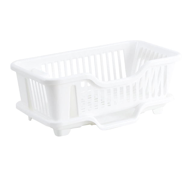 Dish Storage Rack Multifunctional with Drain Tray Utensil Dish Strainers Organizer Rack made of durable white plastic with slotted sides, non-slip feet, and a removable drain tray for fast drainage. Measures 44.5cm x 27.5cm x 18cm, suitable for drying dishes, utensils, and cups on kitchen countertops.