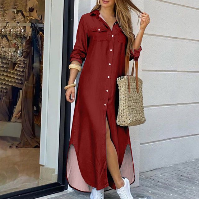 Robes Midi pour Femmes Été Couleur Unie Décontractées à Manches Longues Col Rabattu Robe de Plage Décontractée Maxi Robe d'Été Robes pour Femmes Été Décontracté en Liquidation
