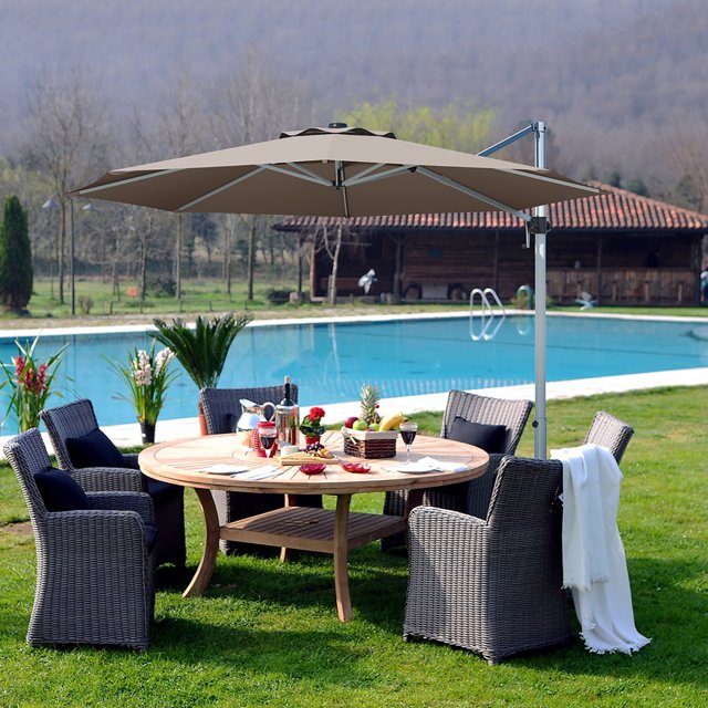 Costway 11' Patio Cantilever Offset Umbrella 360Degree Rotation Outdoor Tilt W/Base Tan