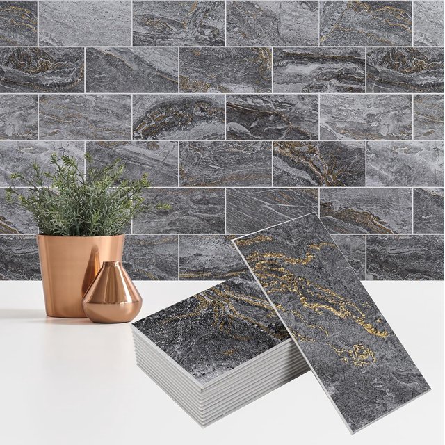 StyloVue 100 Pieces Peel and Stick Backsplash for Kitchen, 3" x 6" PVC Subway Tile 2025 Upgraded Gray-Gold Stone Backsplash Stick on Tile Elevate Kitchen Fireplace RV