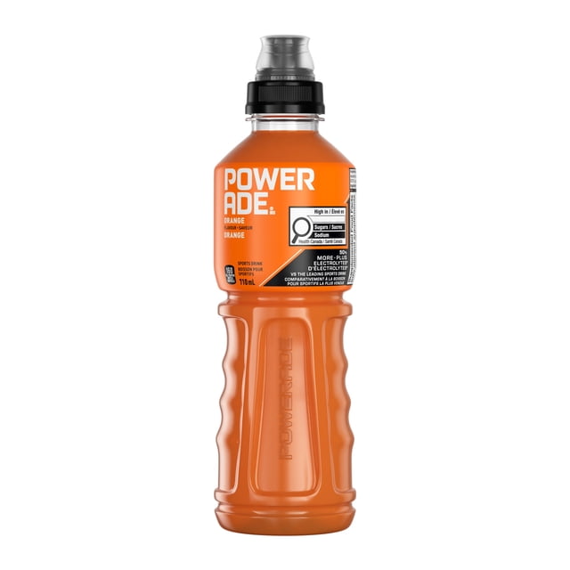 Powerade Orange Bottle, 710 mL, front-facing translucent orange sports drink bottle with black and gray sports cap, featuring Powerade branding and nutrition label highlighting the ION4 Advanced Electrolyte System that replenishes sodium, potassium, calcium, and magnesium for hydration and energy during sports activities.
