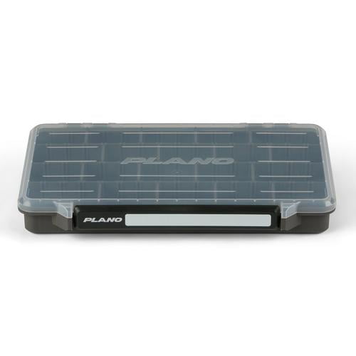 Plano StowAway 3700 Stow fishing tackle box with a clear lid, adjustable compartments using rigid pre-cut dividers, Rustricor™ corrosion-resistant technology, single latch for quick one-handed opening, and a large reusable labeling area for organized storage.