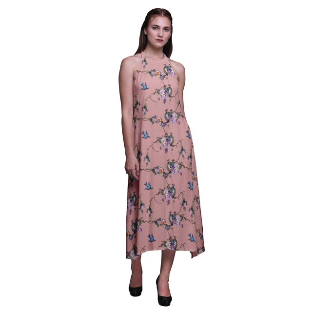 Bimba Robe Décontractée Oiseau Longue Dos Nu à Col Licou pour Femme Robe de Plage Imprimée - Moyen