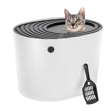 IRIS Top Entry Cat Litter Box with Litter Catching Grooved Lid, White/Black