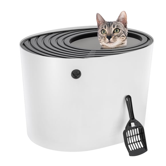 IRIS Bac à Litière pour Chat à Entrée par le Haut avec Couvercle Rainuré Attrape-Litière, Blanc/noir
