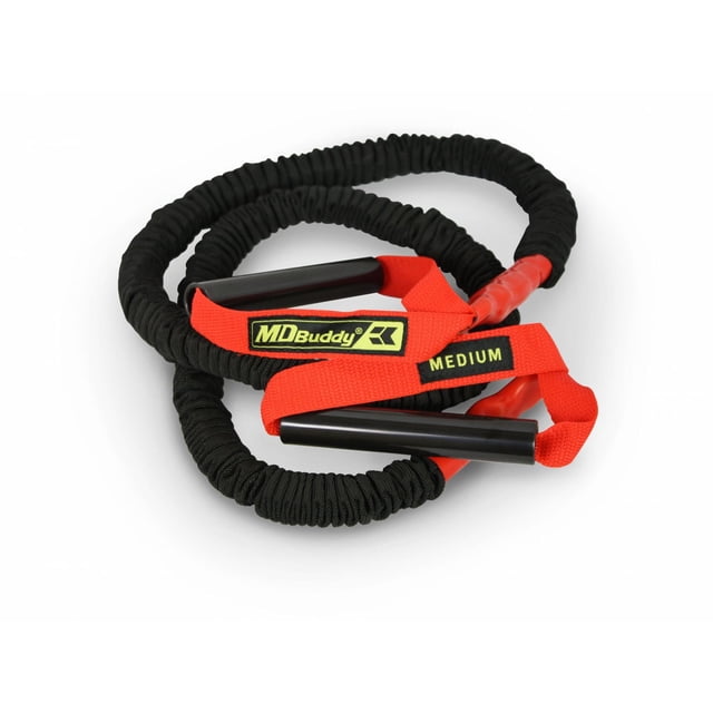 MD Buddy Sleeved Resistance Tubes - Medium showing a coiled black rubber tube protected by a black fabric sleeve with red woven handles labeled MD Buddy and Medium, featuring black plastic grips, ideal for portable strength training and resistance workouts.