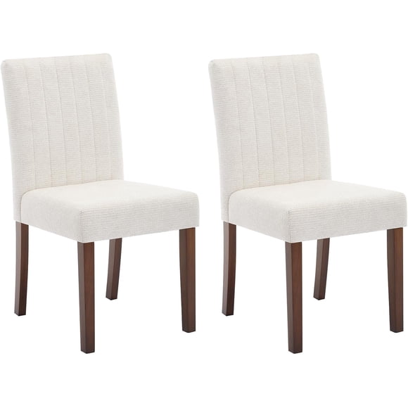 Set of 2 Dining Chairs, High Back Linen Upholstered, Wood Legs, Vertical Stripe, Modern for Dining Room/Restaurant/Café, Beige