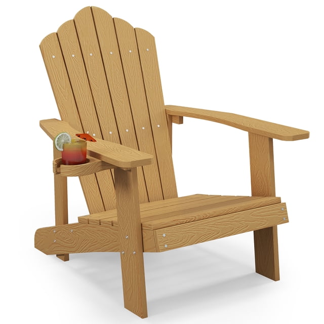 Gymax Patio Hanches Extérieur Résistant aux Intempéries à Lattes Chair Adirondack Chair en Couleur Teck avec un Dossier Haut en Forme de Coquille, Siège à Lattes Profilé et Larges Accoudoirs Dotés d'Un Porte-Gobelet Coulissant. Fabriqué en Matériau durable à Hanches avec Vis en Acier Inoxydable, Conçu pour une Utilisation Extérieure dans les patios, Jardins Ou au Bord de la Piscine. Souvent Appelé Chaise Muskoka au Canada.