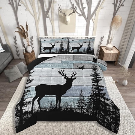 Western Bedding Set for Men Women,Rustic Deer Comforter Sets for Boys Teens Kids,Cabin Farmhouse Hunting Quilt King Size,Pine Trees Rustic Striped Down Comforter Set Wildlife Anim
