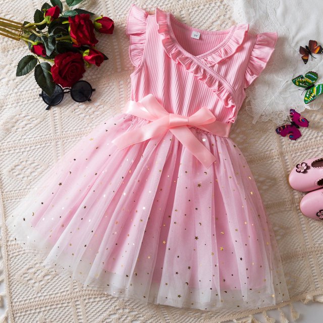Robe d'Été Décontractée pour Filles Robe Tutu à Manches à Volants pour Filles Robe en Tulle pour Filles de 6-7 Ans