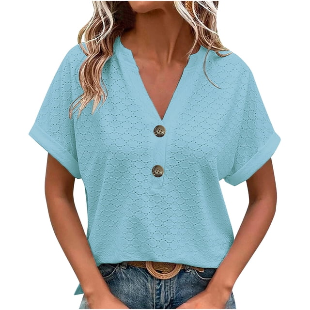 Dealovy Womesn Tops Summer Casual V Neck Buttons T-Shirts Short Sleeve Solid Color Loose Fitted Tees