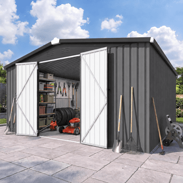 YODOLLA 12 x 12 Ft Metal Outdoor Storage Shed, Lockable Double Doors, Dark Grey