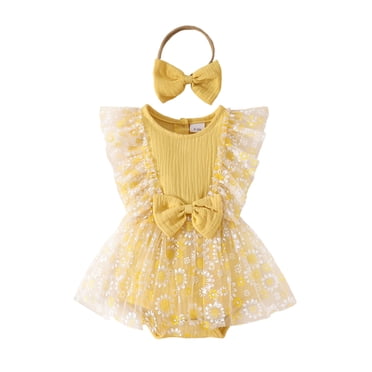 MIASHUI Baby Girl Romper Dresses Clothes Set Sleeveless Bodysuit Floral Skirt Hem Outfit Headbands,Yellow,12-18 Months