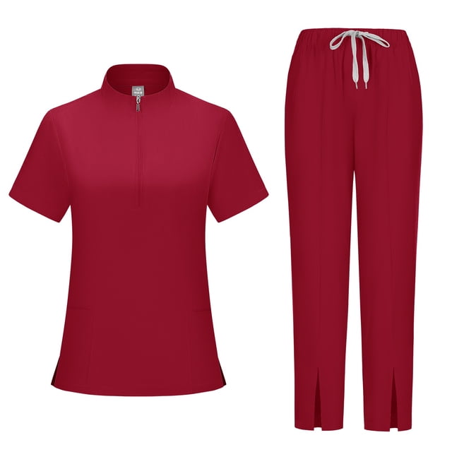 Ktyne Ensemble de Sarraus Rouges pour Femmes TTG Uniforme d'Infirmière Extensible à Manches Courtes Sarrau et Pantalon Jogger Ensemble de Couleur Unie avec Multiples Poches Bourgogne TTG