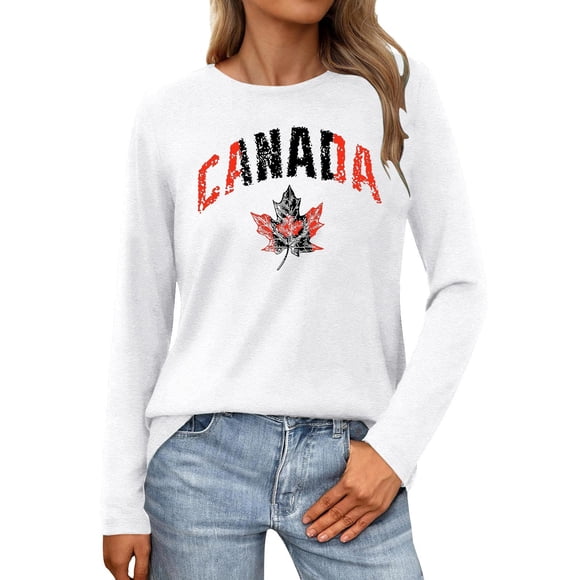 HUITKMM Cotton Tshirt Women Womens Canada Long Sleeve Canada Day Flag T Shirt Canadian Maple Leaf Shirts 4136