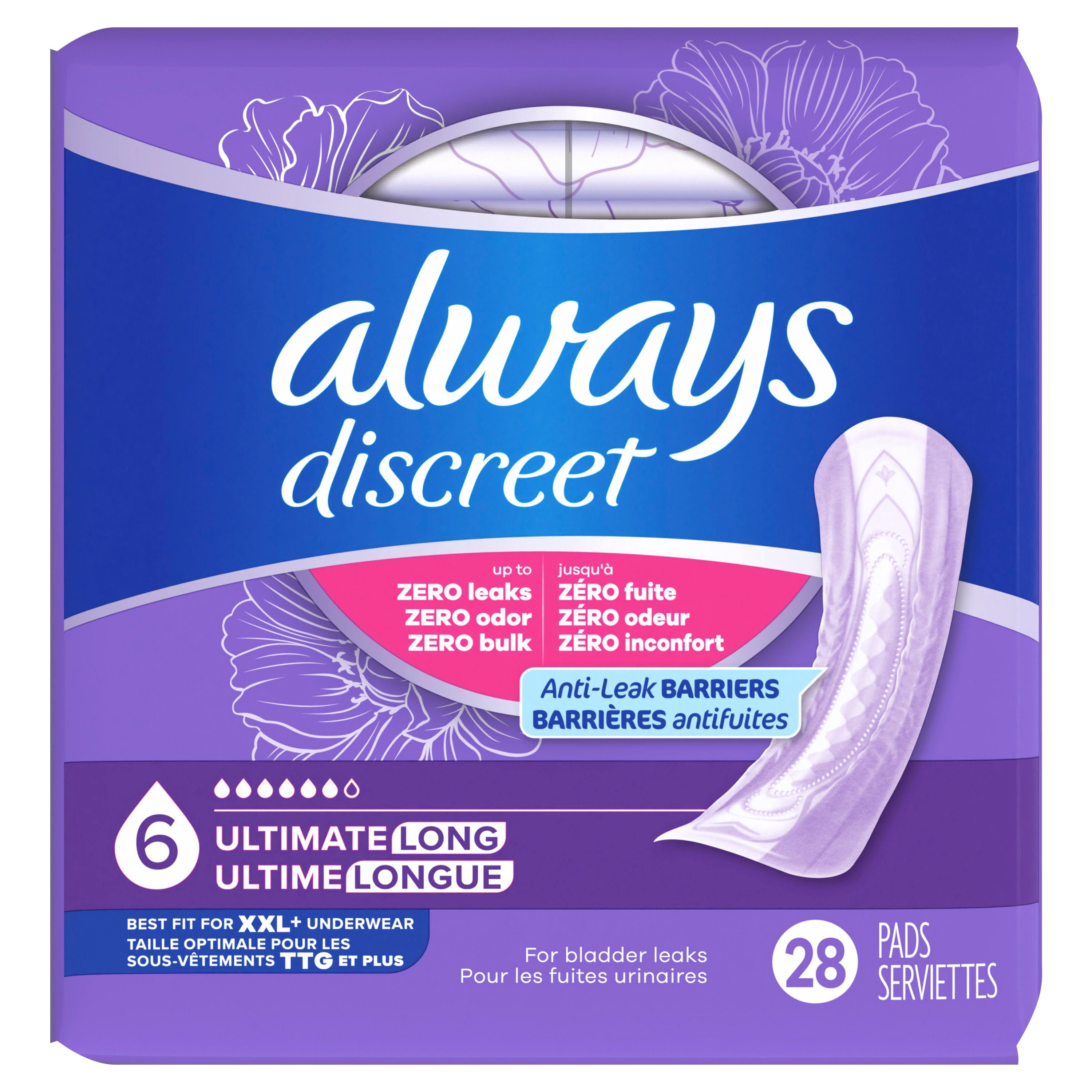 Always Discreet Adult Incontinence Pads for Women, Ultimate Absorbency, Long Length, Postpartum Pads, 28 Count