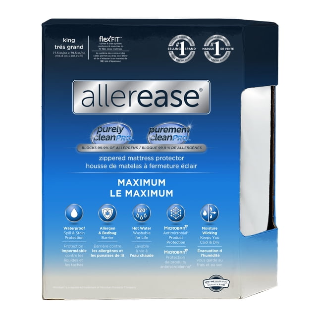 AllerEase Maximum Protège-Matelas Imperméable à Fermeture Éclair contre les Allergies et les Punaises de Lit, Format Très Grand, Emballage en Boîte Dégradé Bleu, Doté de la Technologie Purely Clean Pro Bloquant 99,9 % des Allergènes, protection contre les Déversements et les Taches, Barrière contre les Allergènes et les Punaises de Lit, Lavable à l'Eau Chaude, protection Antimicrobienne Microban et Évacuation de l'Humidité pour Garder le Matelas au Frais et au Sec, avec Garantie à Vie.
