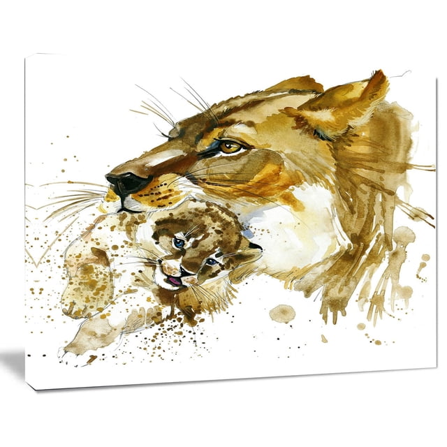 Design Art Lioness And Cub Illustration Canvas Print depicting a watercolor-style lioness carrying her cub by the scruff, printed on gallery wrapped cotton canvas with warm brown and golden tones, ready to hang and ideal for enhancing home décor.
