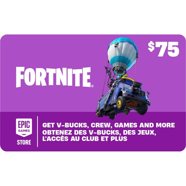 Fortnite Gift Card $75 digital code for Canada featuring the Fortnite Battle Bus with a blue and white balloon on a purple background, redeemable for V-Bucks, Crew membership, games, and more via the Epic Games Store.