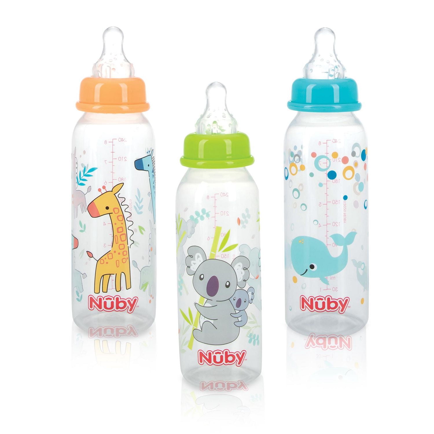 Nûby Standard Neck Printed Plastic Infant Bottles with Soft Silicone Non-Drip Nipple 8 oz