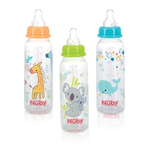 Nûby Standard Neck Printed Plastic Infant Bottles with Soft Silicone Non-Drip Nipple 8 oz