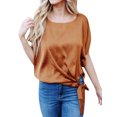 thumbnail image 3 of Women Batwing Short Sleeve Knot Hem Round Neck Blouse Top, 3 of 6