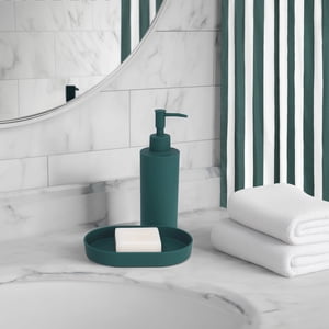 Mainstays 16-Piece Teal Shower Curtain Bathroom Set – Fabric Curtain with Rug, Hooks, Soap Dispenser & Tray