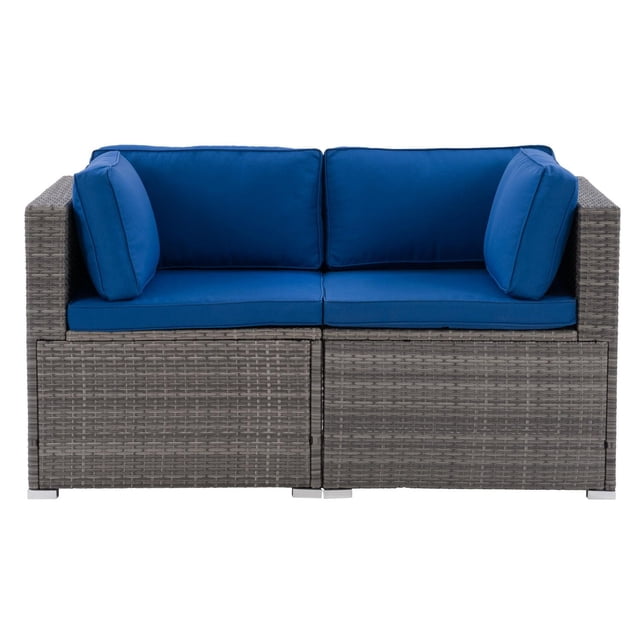 CorLiving Parksville 2-Piece Resin Wicker Rattan and Galvanized Steel Outdoor Loveseat with Cushions in blended grey and blue, front-facing compact loveseat with galvanized steel frame wrapped in grey resin wicker, removable blue cushions, and metal capped feet, ideal for patio or balcony seating.