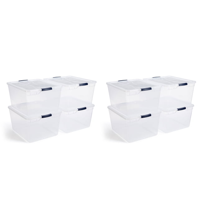 Rubbermaid Cleverstore Contenant de Rangement en Plastique de 74 Qt à Loquet (Lot de 8) avec Côtés Transparents et Couvercles pour une Visibilité Facile du Contenu. Chaque Contenant Comprend un Couvercle Encastré pour un Empilage Sécurisé et des Poignées à Loquet pour Garder les Articles au Sec et Sans Poussière. Parfait pour Organiser les Vêtements Saisonniers, les Décorations des Fêtes, les Fournitures de Bureau, l'Équipement de Sport et les Fournitures pour Animaux.