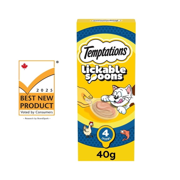 TEMPTATIONS Cuillères à Lécher Gâteries pour Chats Adultes Saveur de Poulet Savoureux & de Saumon Savoureux 4 Cuillères