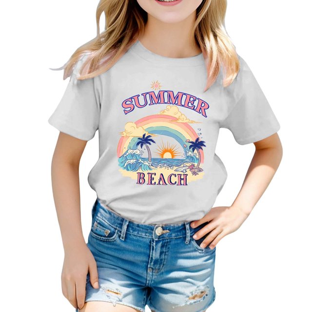 Zhuashum T-Shirts pour Filles, Haut à Manches Courtes, T-Shirt à Col Ras du Cou Ample avec Lettrage Graphique, pour Enfants, Décontracté, Ado, Tenue de Printemps, Blanc, 10-11 Ans