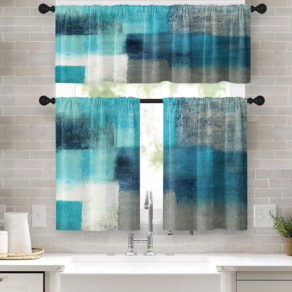 Turquoise Kitchen Window Curtains Valance and Tier Set 36 Inch, Teal Grey Modern Rod Pocket Short Tier Curtain, Abstract Art Small Cafe Drapes for Kitchen Decor