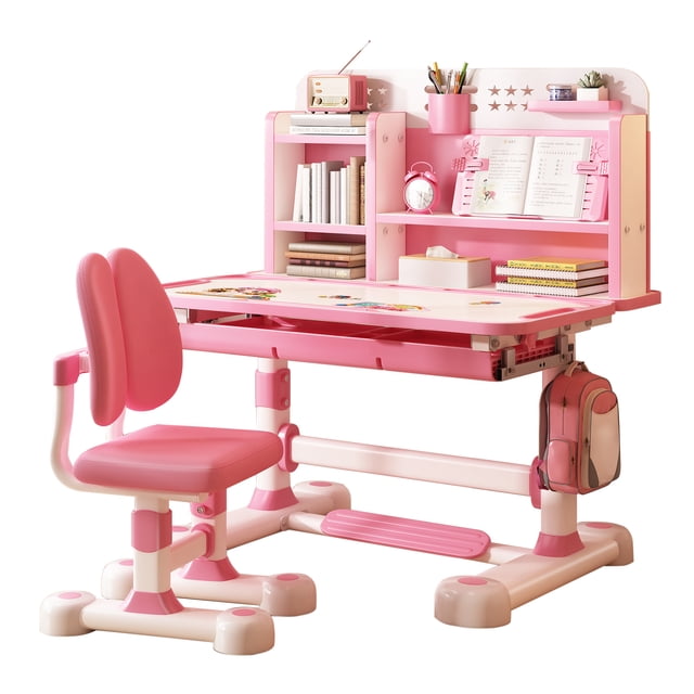 Visland 2Pcs/Set Kids Study Desk Chair Set, Height Adjustable Children School Study Table Chair Set with Sitting Corrector, Foot Pedal, Partition Design