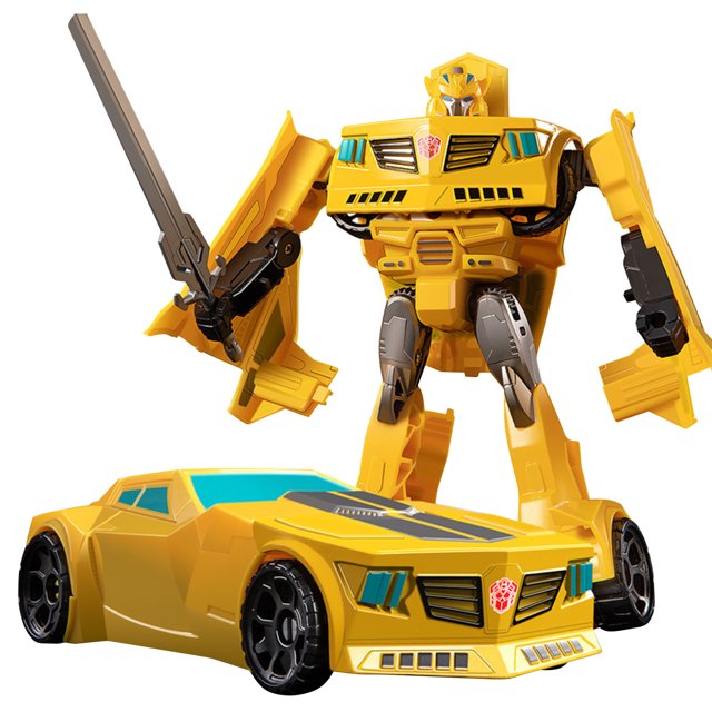 Transformers: 40th Anniversary Transformer Toys Optimus Prime Bumblebee Megatron Action Figure, featuring Bumblebee in a vibrant yellow design inspired by the G1 Transformers series. The figure showcases its Generations-style converting robot form alongside its car transformation, with detailed polyarticular mobility and smooth joint rotation. Includes classic accessories such as a sword and truck trailer. Suitable for kids aged 4-8 and ideal for desk or room decoration.