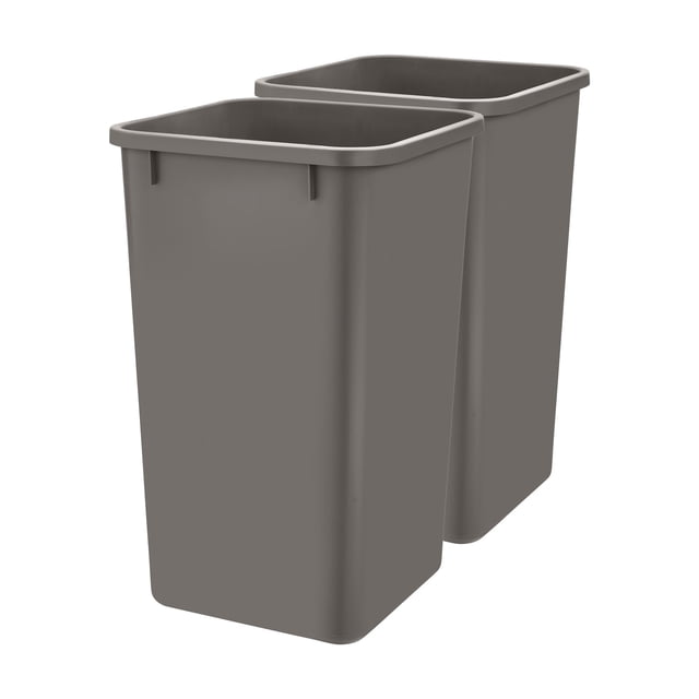 Rev-A-Shelf Polymer Replacement 27 qt. Trash Bin, Gray, 2 Pack, RV-1024-13-2. This set includes two durable injection-molded polymer trash bins in orion gray, each with a 27-quart capacity. Designed to fit Rev-A-Shelf pullout systems, these bins are ideal for discreet waste storage in kitchens, bathrooms, or offices. Measuring 10.88 inches wide, 10.88 inches deep, and 17.75 inches high, they can also be used as standalone bins for extra trash or recyclables. Note: Frames and lids are sold separately.