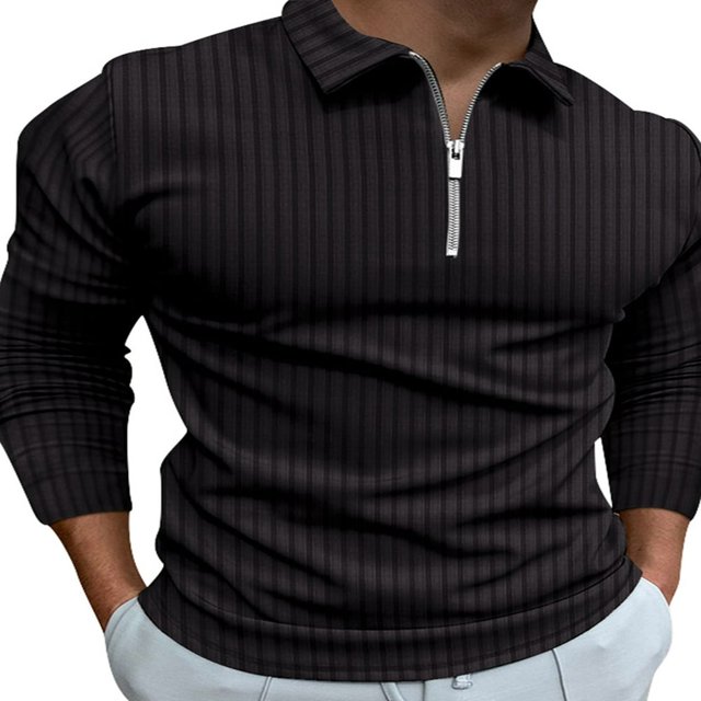 Stripe Print Men‘s Casual Ribbed Long Sleeve Tops with 1/4 Zipper