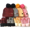 thumbnail image 3 of Kids Winter Stripes Beanie Pompom Hat Cap Full Finger Mittens Gloves Warm Set, 3 of 10
