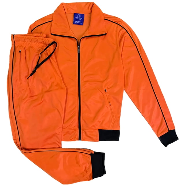 Women's Classic Jogger Tracksuit Track Jacket & Trackpants Outfit in vibrant orange with black trim. The set includes a full-zip jacket featuring a high collar and two zippered side pockets, paired with elastic-waist trackpants. Made from seamless, comfortable material suitable for spring and fall weather, ideal for women's activewear, casual activities, sports, or exercise.