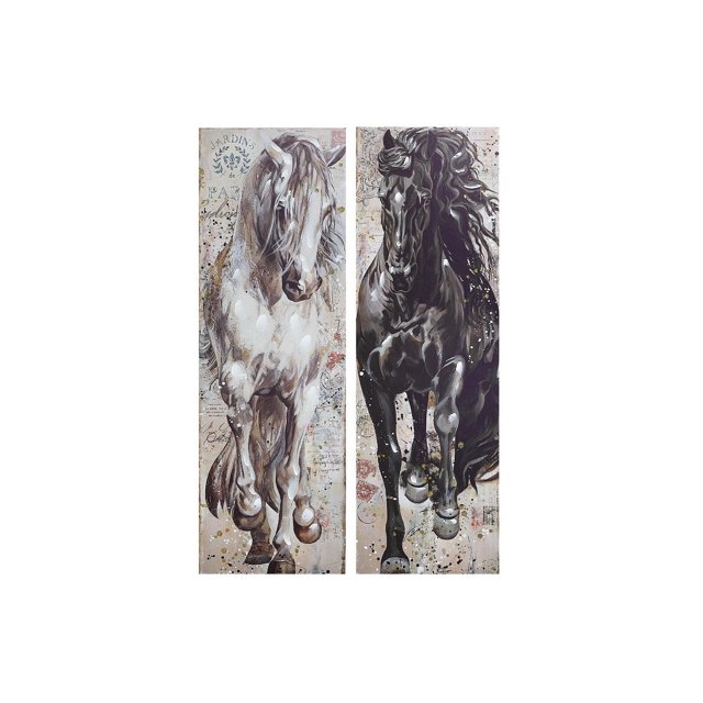 Hand Painted Canvas Wall Art (Brazen Horse) - Set of 2 with two vertical panels depicting a galloping black horse and a white horse on textured beige backgrounds with script and decorative splatters, made of durable canvas measuring 15.75 by 47.25 inches, perfect for modern home décor and gifting, also suitable for enhancing office interiors.