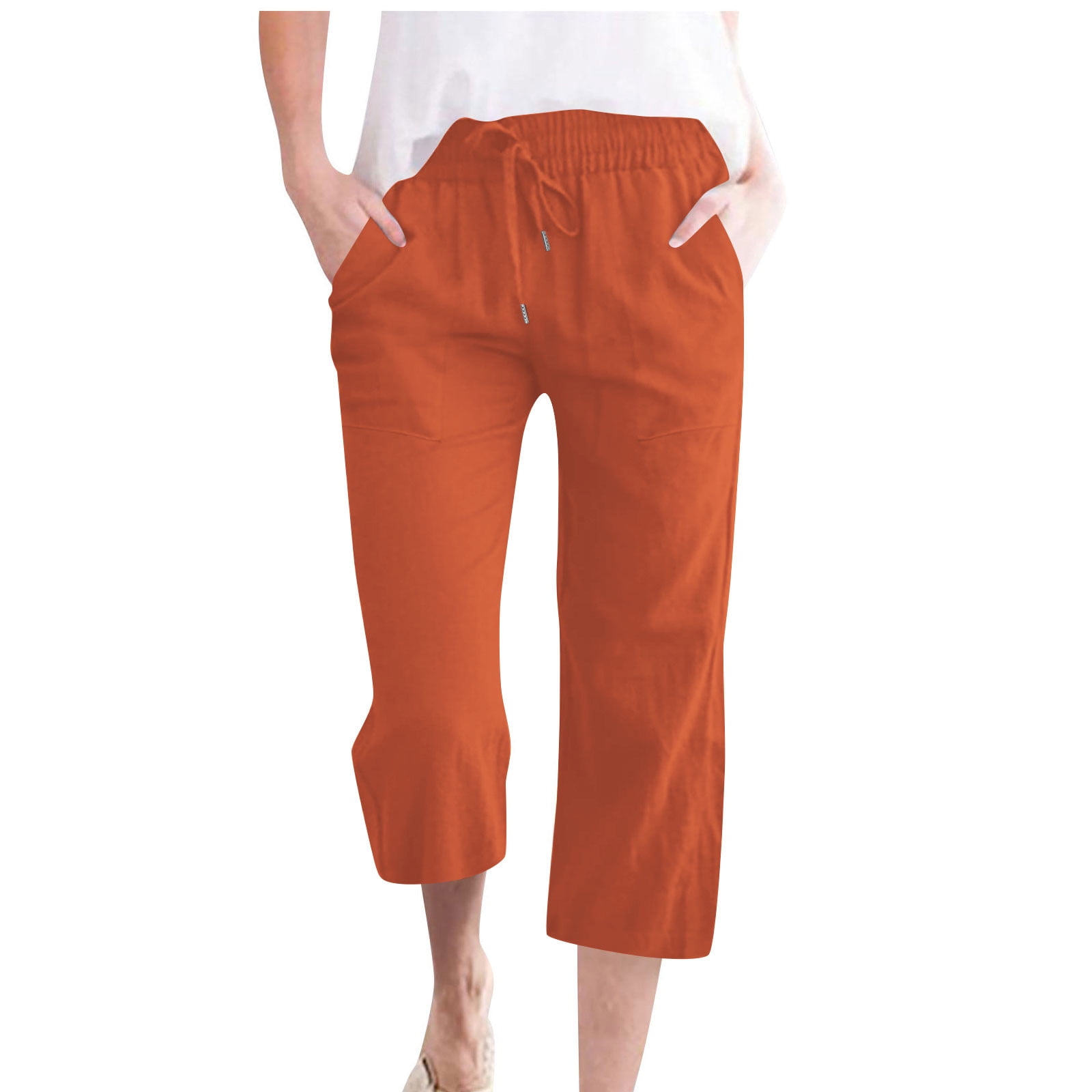 Bocqde Womens Capri Pants Cotton Linen Elastic Waisted Drawstring Casual Cropped Trousers with Pockets