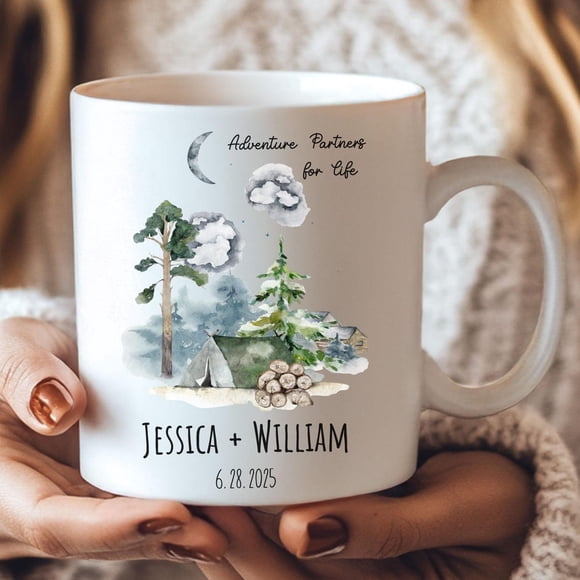 Personalized Adventure Wedding Mugs, Custom Camping Couple Coffee Cup with Names & Date, Elopement or Hiking Newlywed Gift for Outdoor Lovers