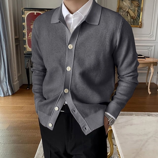 Mikilon Cardigan en Tricot à Revers pour Homme, Chandail Ajusté Élastique
