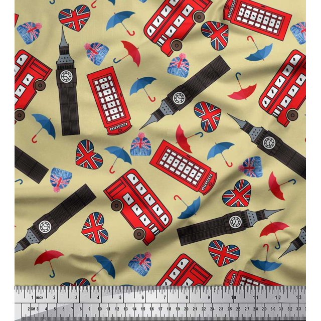 Soimoi Poly Georgette Fabric Bus,Telephone Booth & London Clock Tower Architectural Printed Craft Fabric by The Yard 52 Inch Wide