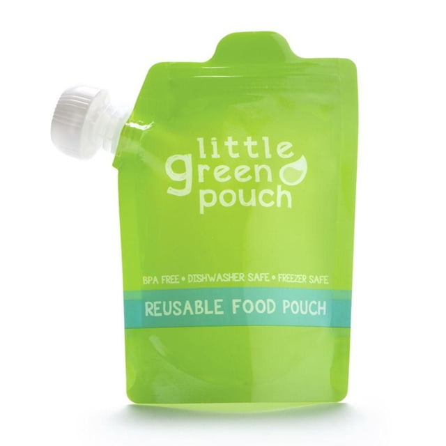 Little Green Pouch Pochette Alimentaire Réutilisable en Vert Vif avec un Bouchon à Vis Blanc en Haut à Gauche, Étiquetée Sans BPA, Va au Lave-Vaisselle, Va au Congélateur, avec une Bande Bleue avec Texte « Pochette Alimentaire Réutilisable », Idéale pour la Préparation et l'Entreposage des Aliments pour Bébé.