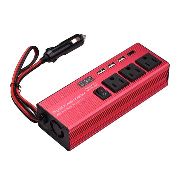 300W Car Power Inverter DC 12V to AC 110V Digital Converter with 3 AC Outlets 4 USB Ports Ordinary and Quick Charge Portable Car Charger Adapter for Phone Laptop Lights Electric Tools